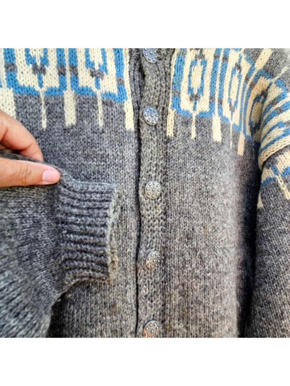 Vintage Hand Knit Nordic Wool Cardigan Gray Geometric Unisex XL - Picture 14 of 15